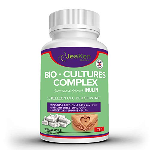 JeaKen - Probióticos con Prebióticos - Complejo de Bio Cultivos - Lactobacillus Gasseri - Rhamnosus y Acidophilus - Bifidobacterium Lactis y Bifidus - Saccharomyces Boulardi - 90 Cápsulas Veganas